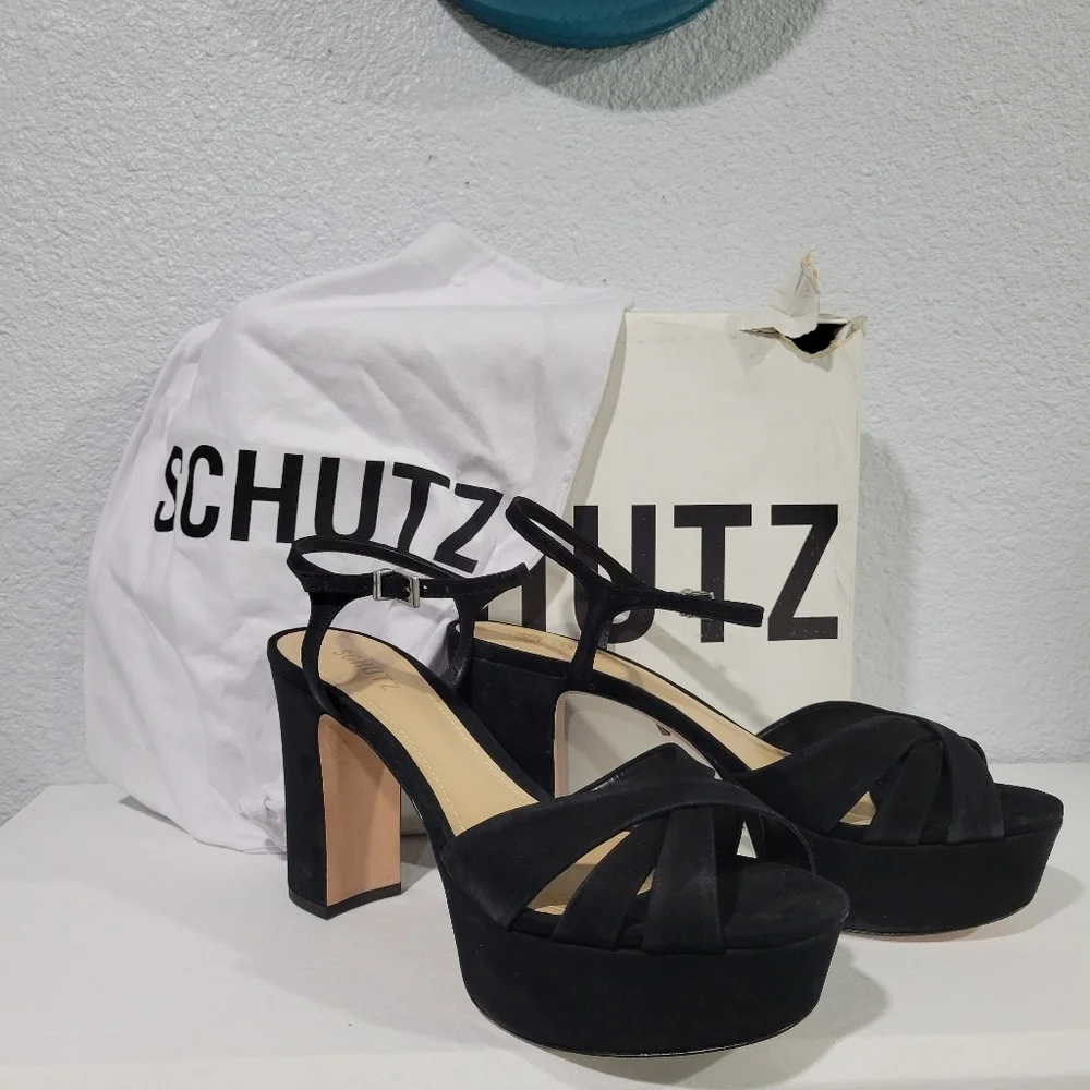 Schutz Keefa Platform Sandal Heels Black Sz 10.5